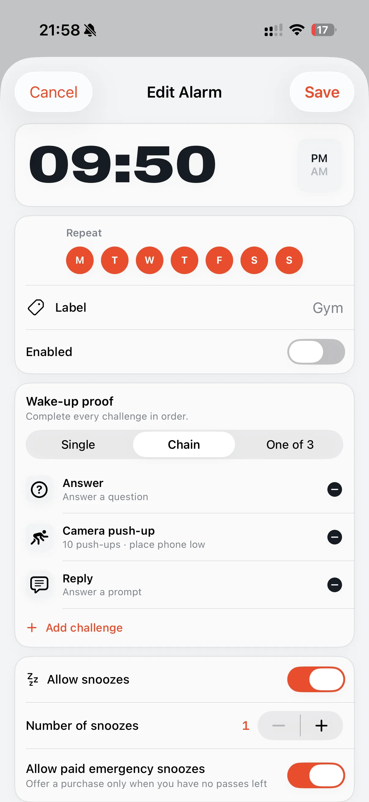 PPS alarm setup screen showing chained wake-up challenges